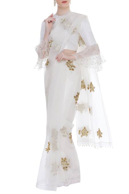 Ranian Ivory Silk Organza Embroidered Round Neckline Hand Saree With Blouse Online at Aza Fashions Ranian_Ivory Silk Organza Embroidered Round Neckline Hand Saree With Blouse_Online_at_Aza_Fashions