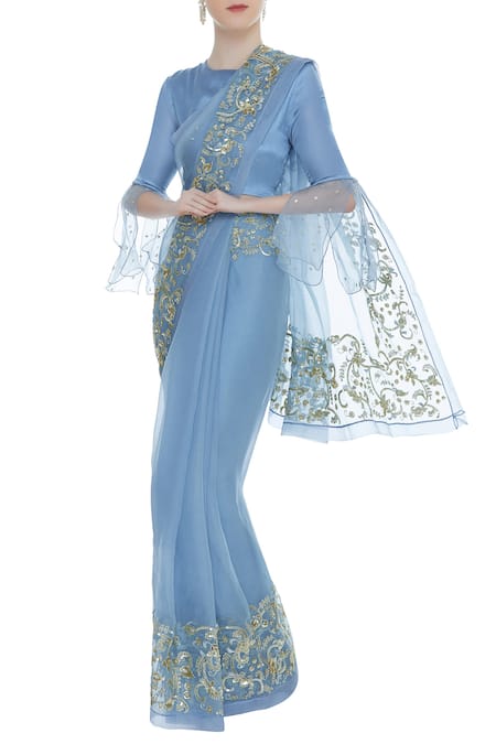 Ranian_Blue Silk Organza Round Hand Embroidered Saree With Blouse_Online_at_Aza_Fashions