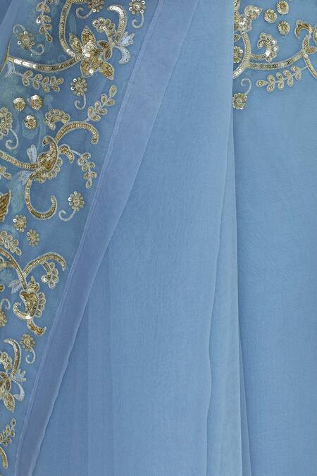 Ranian_Blue Silk Organza Round Hand Embroidered Saree With Blouse_at_Aza_Fashions