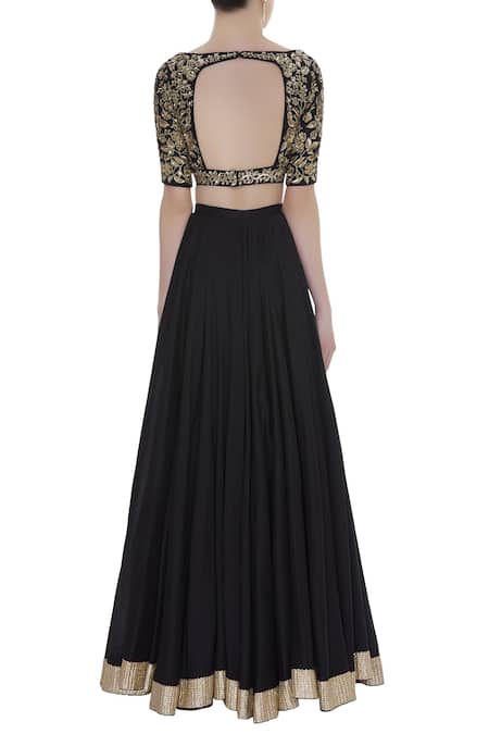 Shop Ranian Black Chanderi Silk Embroidered V-neck Blouse With Lehenga And Dupatta at Aza Fashions Shop_Ranian_Black Chanderi Silk Embroidered V-neck Blouse With Lehenga And Dupatta_at_Aza_Fashions