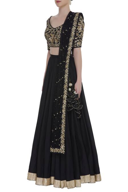 Ranian Black Chanderi Silk Embroidered V-neck Blouse With Lehenga And Dupatta Online at Aza Fashions Ranian_Black Chanderi Silk Embroidered V-neck Blouse With Lehenga And Dupatta_Online_at_Aza_Fashions