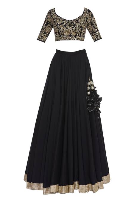 Buy Ranian Black Chanderi Silk Embroidered V-neck Blouse With Lehenga And Dupatta Online at Aza Fashions Buy_Ranian_Black Chanderi Silk Embroidered V-neck Blouse With Lehenga And Dupatta_Online_at_Aza_Fashions