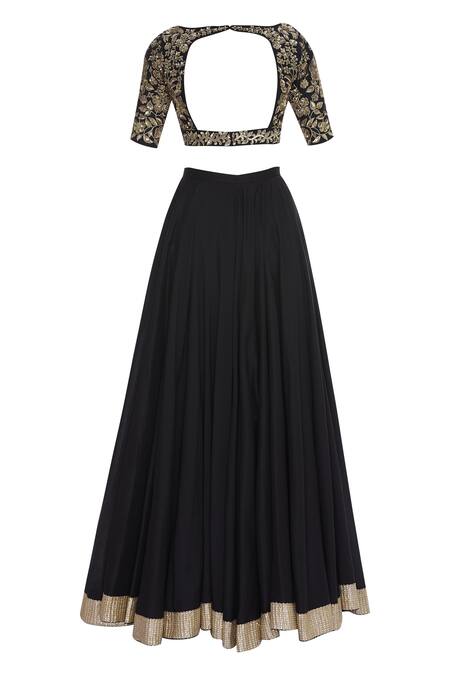 Shop Ranian Black Chanderi Silk Embroidered V-neck Blouse With Lehenga And Dupatta Online at Aza Fashions Shop_Ranian_Black Chanderi Silk Embroidered V-neck Blouse With Lehenga And Dupatta_Online_at_Aza_Fashions