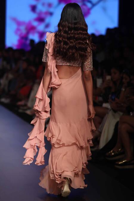 Shop_Anushree Reddy_Pink Ruffle Saree With Blouse_at_Aza_Fashions