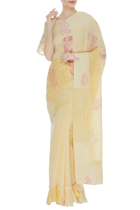 Shagun Manchanda Yellow Natural Linen Printed Hand Block Handwoven Saree 