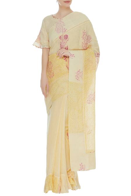 Shagun Manchanda_Yellow Natural Linen Hand Block Print Handwoven Saree _Online_at_Aza_Fashions