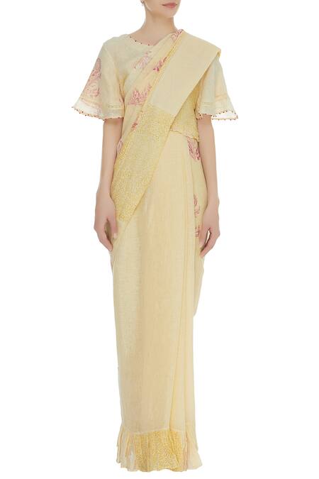 Buy_Shagun Manchanda_Yellow Natural Linen Hand Block Print Handwoven Saree _Online_at_Aza_Fashions