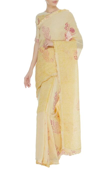 Shagun Manchanda_Yellow Natural Linen Hand Block Handwoven Saree With Motifs _Online_at_Aza_Fashions