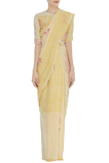 Buy_Shagun Manchanda_Yellow Natural Linen Hand Block Handwoven Saree With Motifs _Online_at_Aza_Fashions