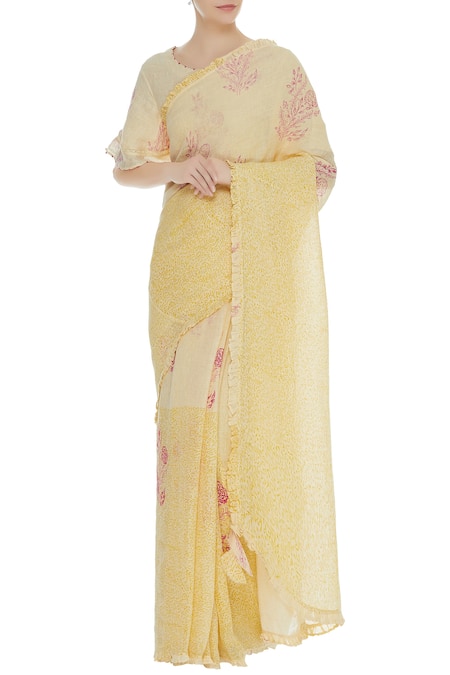 Shagun Manchanda Yellow Natural Linen Hand Block Handwoven Saree With Motifs Online at Aza Fashions Shagun Manchanda_Yellow Natural Linen Hand Block Handwoven Saree With Motifs _Online_at_Aza_Fashions
