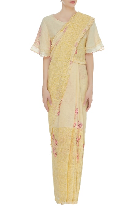 Buy Shagun Manchanda Yellow Natural Linen Hand Block Handwoven Saree With Motifs Online at Aza Fashions Buy_Shagun Manchanda_Yellow Natural Linen Hand Block Handwoven Saree With Motifs _Online_at_Aza_Fashions