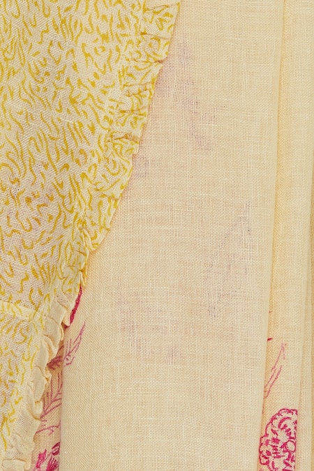 Shop Shagun Manchanda Yellow Natural Linen Hand Block Handwoven Saree With Motifs Online at Aza Fashions Shop_Shagun Manchanda_Yellow Natural Linen Hand Block Handwoven Saree With Motifs _Online_at_Aza_Fashions