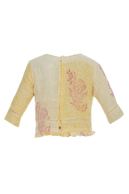 Shagun Manchanda_Yellow Natural Linen Hand Block Round Motifs Blouse _Online_at_Aza_Fashions