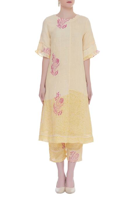 Shop_Shagun Manchanda_Cream Linen Printed Block Round Embroidered Kurta  _Online_at_Aza_Fashions