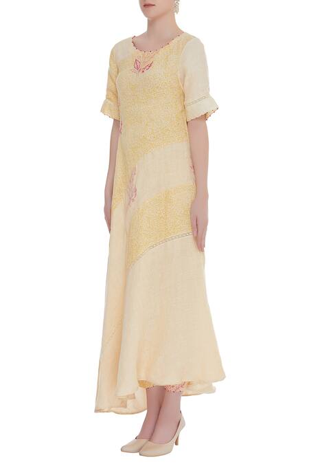 Buy_Shagun Manchanda_Cream Linen Printed Block Round Panelled Kurta  _Online_at_Aza_Fashions