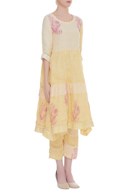 Shagun Manchanda_Cream Linen Printed Block Round Kurta  _Online_at_Aza_Fashions