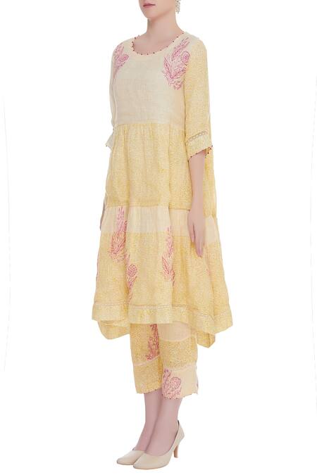 Buy_Shagun Manchanda_Cream Linen Printed Block Round Kurta  _Online_at_Aza_Fashions