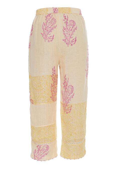 Shagun Manchanda_Cream Linen Printed Block Culotte Pants  _Online_at_Aza_Fashions