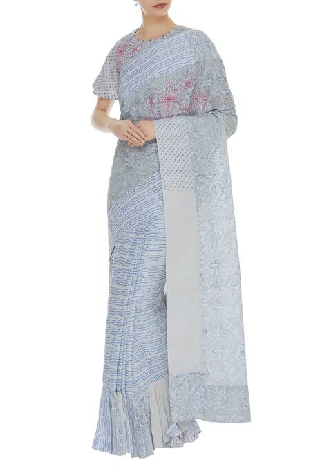 Shagun Manchanda_Grey Cotton Mul Embroidered Thread Ruffle Hemline Saree  _Online_at_Aza_Fashions