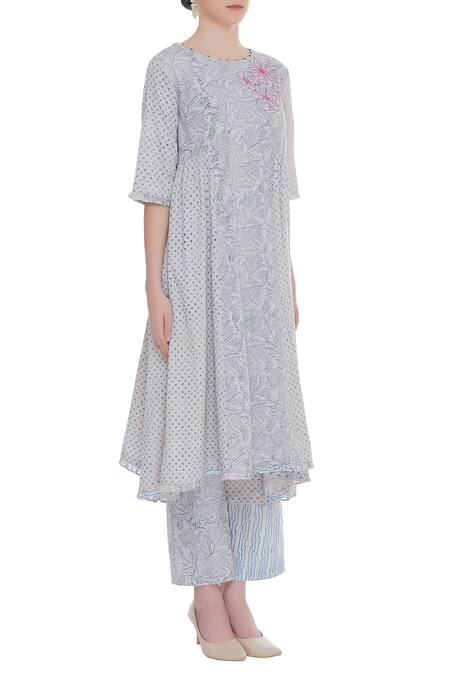 Shagun Manchanda_Grey Cotton Printed Block Round Aline Kurta  _Online_at_Aza_Fashions