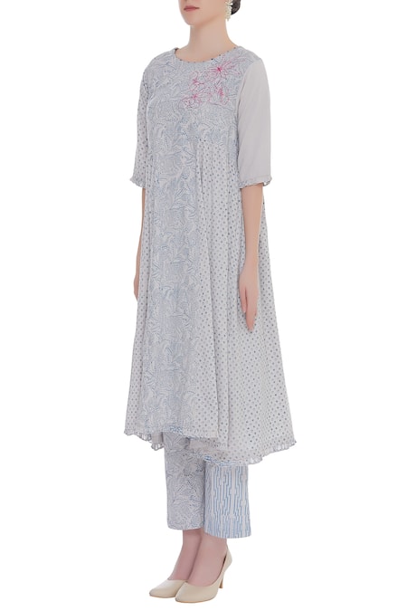 Buy_Shagun Manchanda_Grey Cotton Printed Block Round Aline Kurta  _Online_at_Aza_Fashions