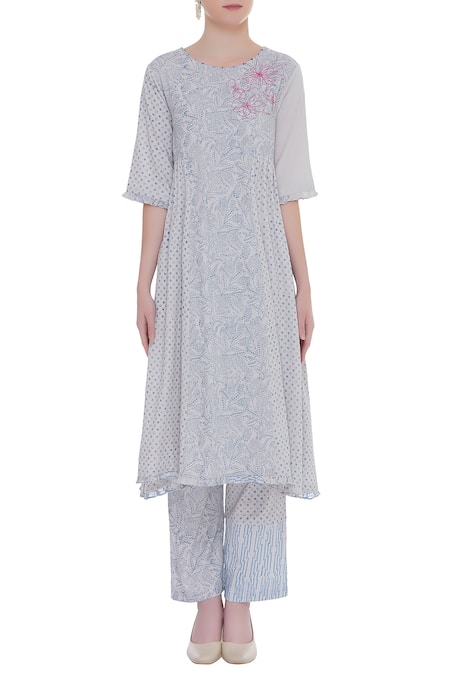 Shop_Shagun Manchanda_Grey Cotton Printed Block Round Aline Kurta  _Online_at_Aza_Fashions