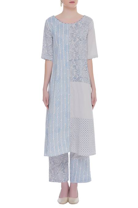 Shop_Shagun Manchanda_Grey Cotton Embroidered French Knot Block Printed Long Kurta  _Online_at_Aza_Fashions