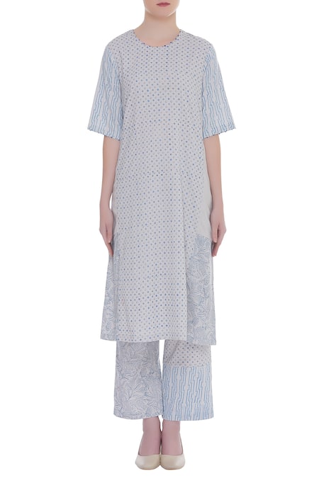 Shop_Shagun Manchanda_Grey Cotton Printed Block Round Long Kurta  _Online_at_Aza_Fashions