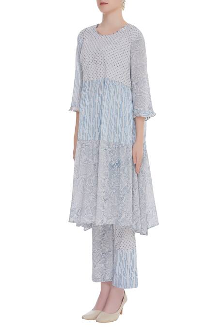 Buy_Shagun Manchanda_Grey Cotton Embroidered Round Printed Panelled Kurta  _Online_at_Aza_Fashions