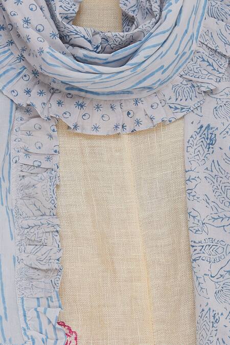 Shagun Manchanda_Grey Block Printed Frilly Stole _Online_at_Aza_Fashions