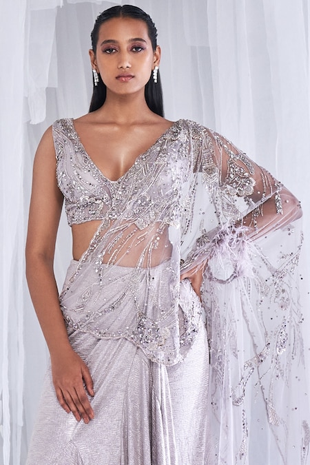 Metallic Silver Georgette Sequins Saree Set – Lady Selection Inc