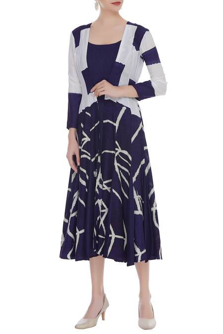 Buy_Vedika M_Blue Tussar Silk Printed Open Jacket _Online_at_Aza_Fashions