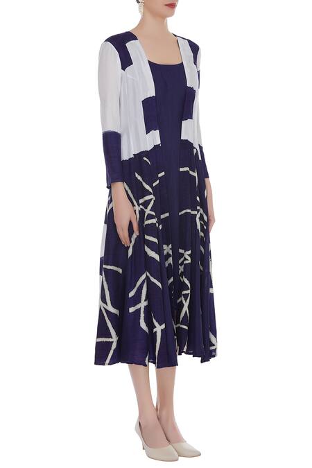 Vedika M_Blue Tussar Silk Printed Open Jacket _Online_at_Aza_Fashions