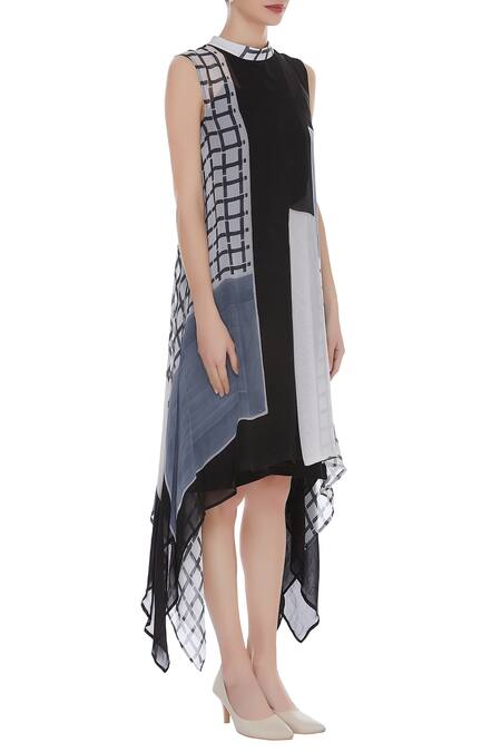 Vedika M_Black Pepper Silk Checkered Band Collar Printed Asymmetric Dress_Online_at_Aza_Fashions