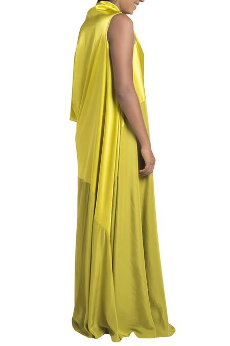 Stephany_Yellow Crepe, Satin V Neck One Side Sleeve Gown _Online_at_Aza_Fashions