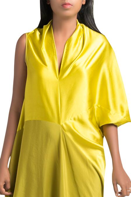 Buy_Stephany_Yellow Crepe, Satin V Neck One Side Sleeve Gown _Online_at_Aza_Fashions