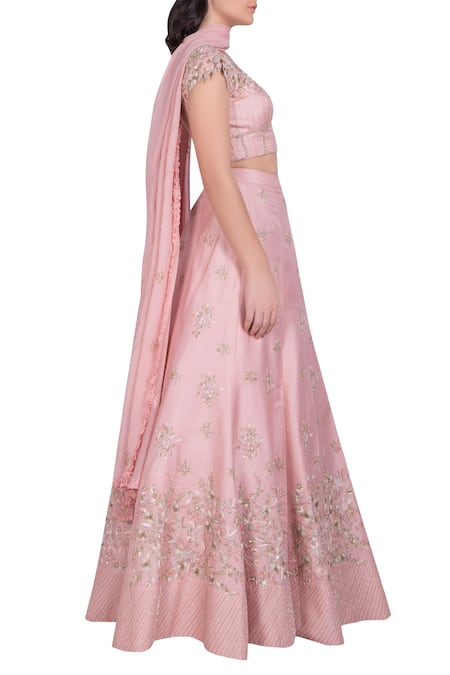 Julie By Julie Shah_Pink Off Shoulder Embroidered Blouse With Lehenga And Dupatta_Online_at_Aza_Fashions