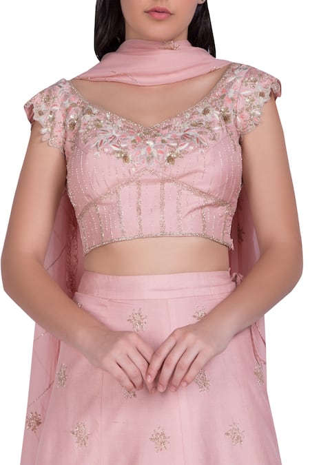 Shop_Julie By Julie Shah_Pink Off Shoulder Embroidered Blouse With Lehenga And Dupatta_Online_at_Aza_Fashions