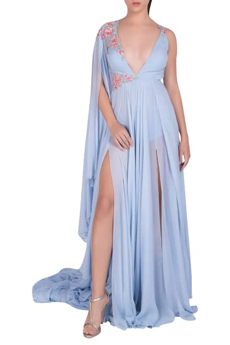 Julie by Julie Shah Blue High Slit Embroidered Gown 