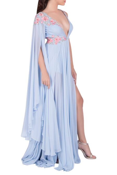 Shop_Julie By Julie Shah_Blue High Slit Embroidered Gown _at_Aza_Fashions