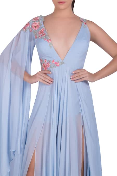 Buy_Julie By Julie Shah_Blue High Slit Embroidered Gown _Online_at_Aza_Fashions
