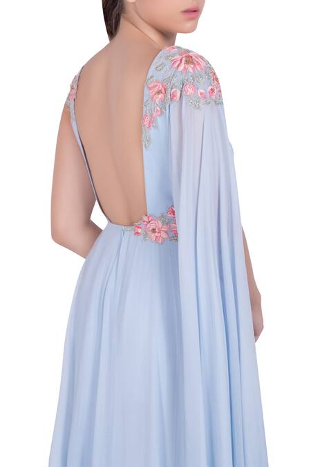 Shop_Julie By Julie Shah_Blue High Slit Embroidered Gown _Online_at_Aza_Fashions