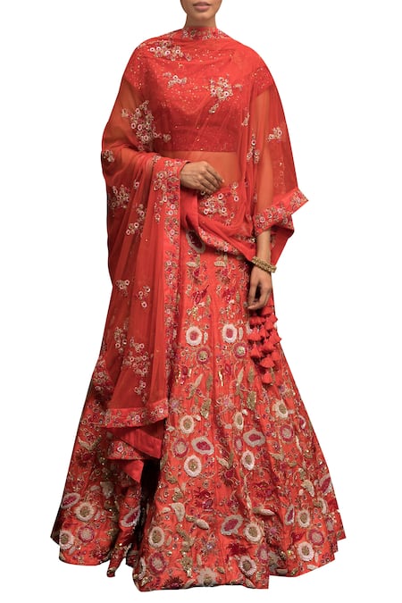 Garo Red Silk Embellished Round Blouse Bridal Lehenga Set  