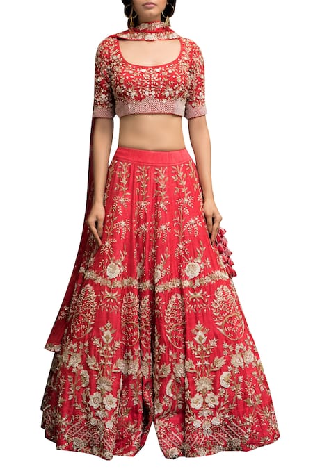 Garo Red Silk Embellished Round Embroidered Blouse Bridal Lehenga Set  