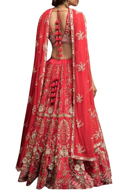 Shop_Garo_Red Silk, Georgette, Tulle Net Round Embroidered Blouse Bridal Lehenga Set _at_Aza_Fashions