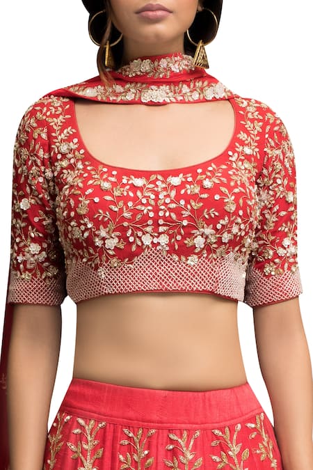 Garo_Red Silk, Georgette, Tulle Net Round Embroidered Blouse Bridal Lehenga Set _Online_at_Aza_Fashions