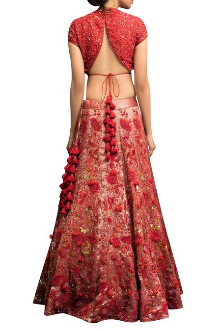 Shop_Garo_Red , Handwoven Zari, Benarasi Embroidered Blouse Bridal Lehenga Set_at_Aza_Fashions