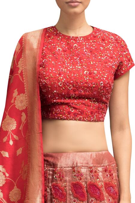 Garo_Red , Handwoven Zari, Benarasi Embroidered Blouse Bridal Lehenga Set_Online_at_Aza_Fashions