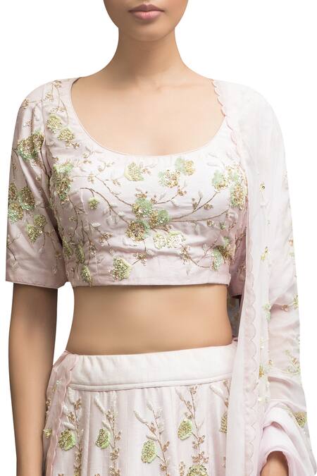 Garo_Pink , Organza Round Floral Embellished Bluse Bridal Lehenga Set_Online_at_Aza_Fashions