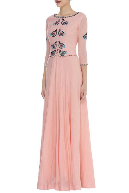 Desert Shine By Sulochana Jangir_Pink Denim Linen Sequin, Bead Round Thread Embroidered Duck Motif Dress_Online_at_Aza_Fashions